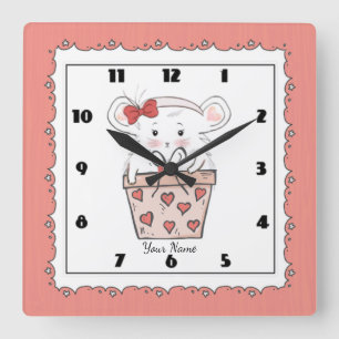 Cute Little Girl Hamster Pink Square Wall Clock
