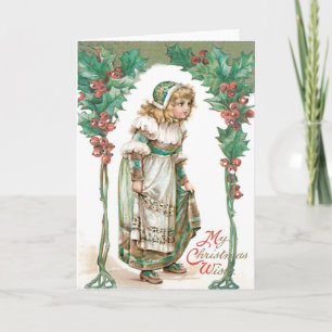 Cute Little Girl Holly Holiday Card