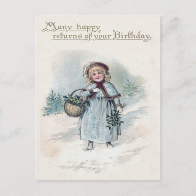 Cute Little Girl Holly Snow Evergreen Basket Postcard (Front)