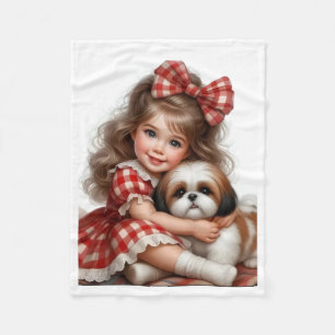 Cute Little Girl Hugging Puppy Red Plaid Baby Blan Fleece Blanket