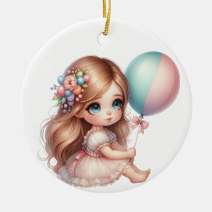 CUTE LITTLE GIRL IN A DRESS WITH PINK BALLOON CERAMIC ORNAMENT