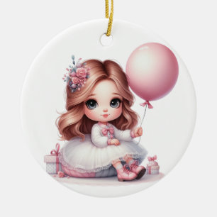 CUTE LITTLE GIRL IN A DRESS WITH PINK BALLOON CERAMIC ORNAMENT
