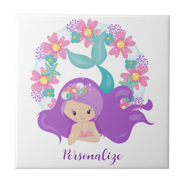 Cute Little Girl Mermaid Purple Pink Personalized Tile (Front)