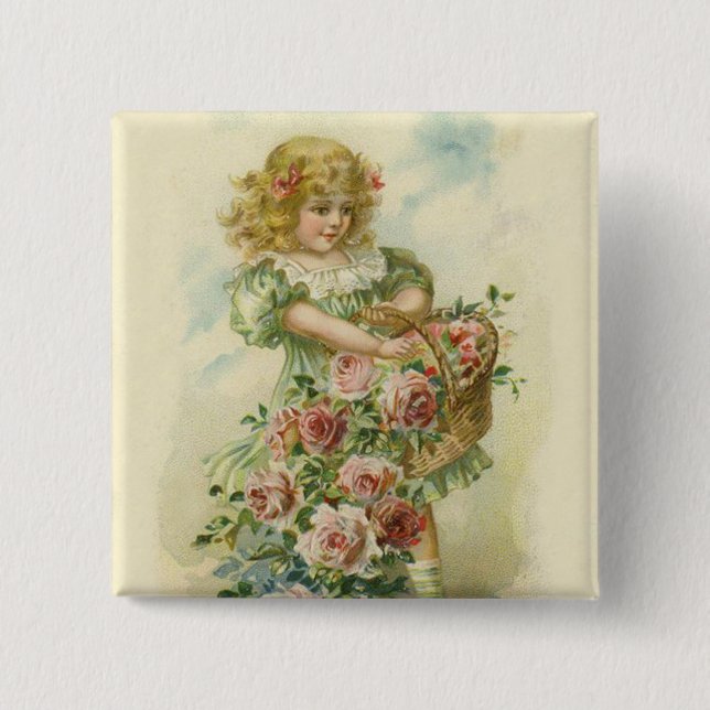 Cute Little Girl Pink Roses 2 Inch Square Button (Front)