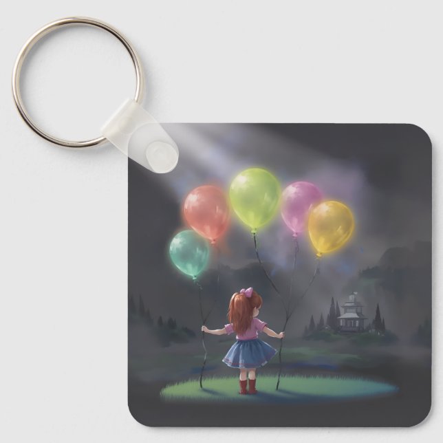 Cute Little Girl with Balloons Keychain (Front)