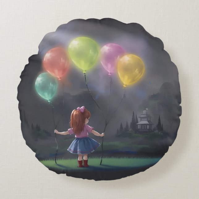 Cute Little Girl with Balloons Round Pillow (Front)