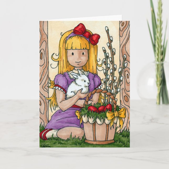 Cute Little Girl with Easter Bunny Holiday Card (Front)