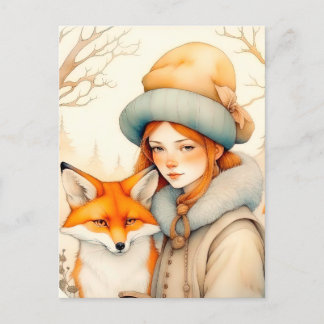 Cute Little Girl With Fox Chritmas  Postcard