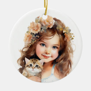 CUTE LITTLE GIRL WITH HER KITTEN CERAMIC ORNAMENT