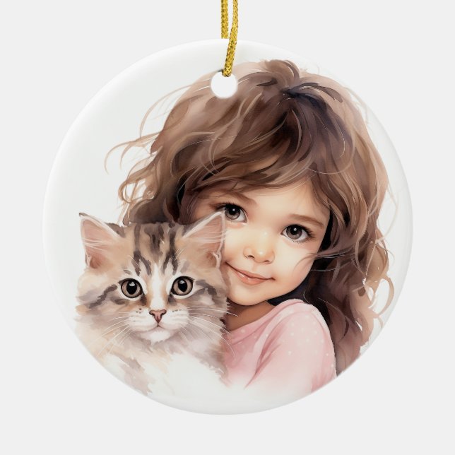 CUTE LITTLE GIRL WITH HER KITTEN CERAMIC ORNAMENT (Front)
