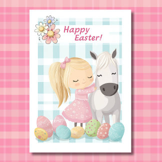 Cute Little Girl with Pony – Horse Easter Holiday Card