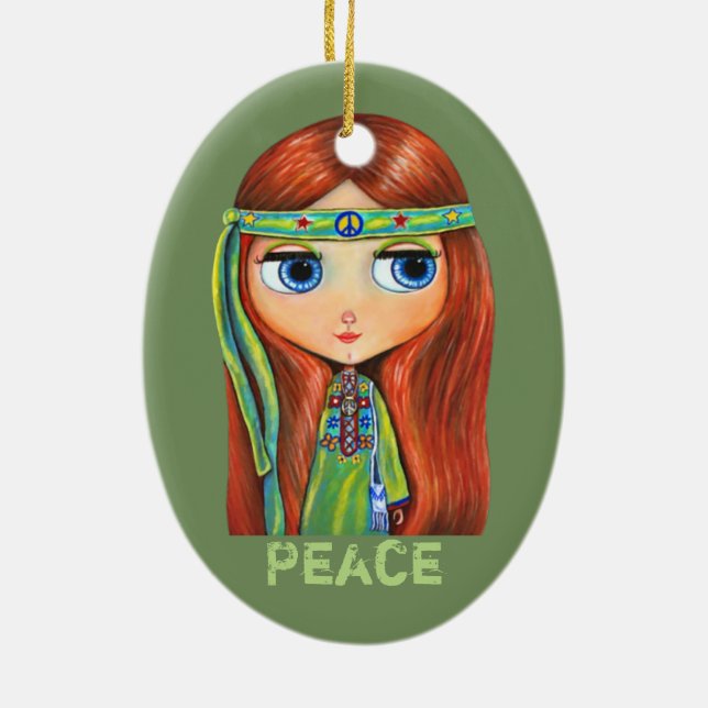 Cute Little Green Hippie Girl Peace Sign Ceramic Ornament (Back)