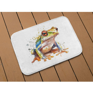 Cute little green tree frog in watercolor bath mat