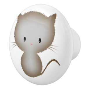Cute Little Grey Tabby Cat Kitten Ceramic Knob