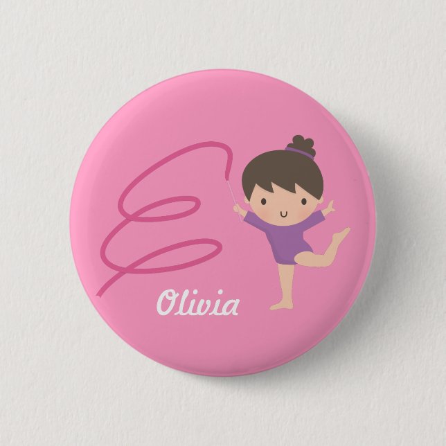 Cute Little Gymnast Girl and Ribbon Gymnastics 2 Inch Round Button (Front)