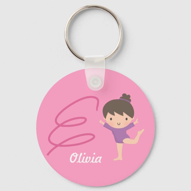 Cute Little Gymnast Girl and Ribbon Gymnastics Keychain (Front)