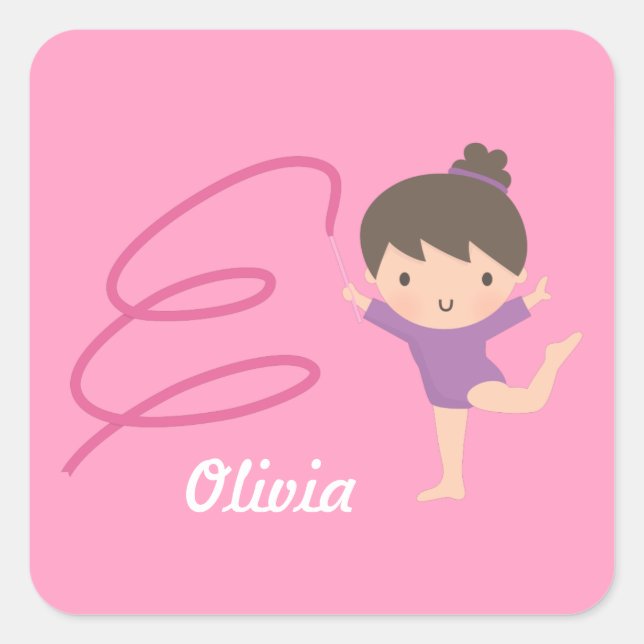 Cute Little Gymnast Girl and Ribbon Gymnastics Square Sticker (Front)