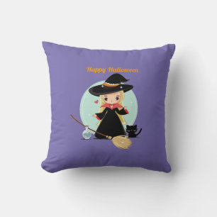 Cute Little Halloween Witch And Kitty Throw Pillow