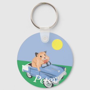 Cute little Hamster Driving a blue car Keychain