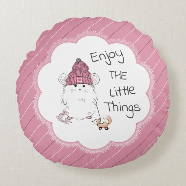 Cute Little Hamster "Enjoy The Little Things" Pink Round Pillow (Front)