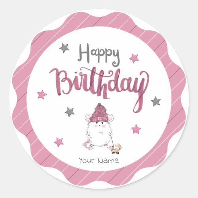 Cute Little Hamster Happy Birthday Classic Round Sticker (Front)