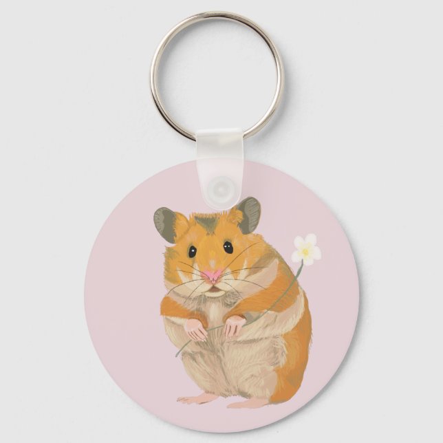 Cute little Hamster holding a flower Keychain (Front)