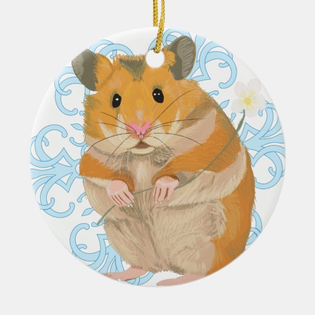 Cute little Hamster holding a flower & snowflake Ceramic Ornament (Front)