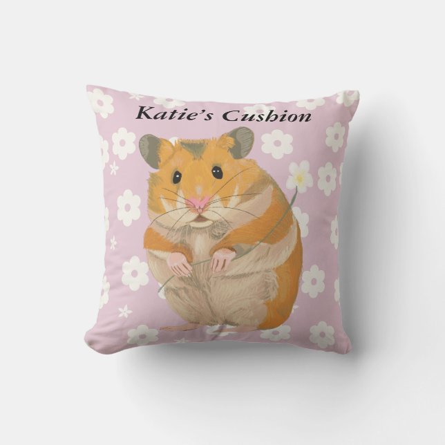 Cute little Hamster holding a flower Throw Pillow (Front)