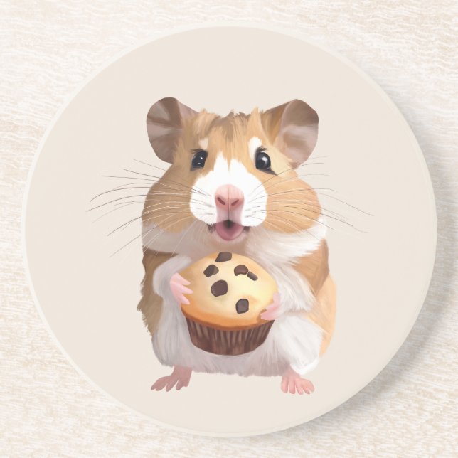 Cute Little Hamster Holding A Muffin Coaster (Front)
