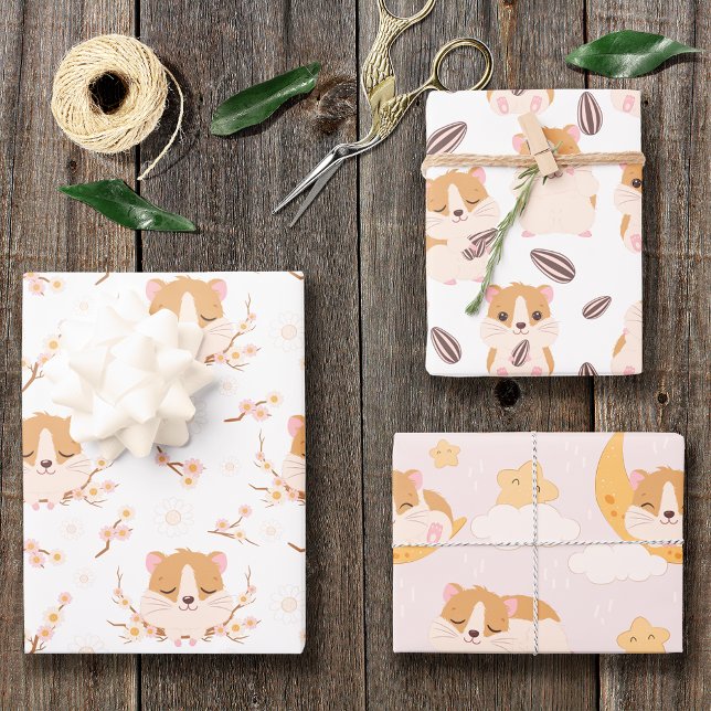 Cute Little Hamsters Three Pattern Birthday Wrapping Paper Sheet (Creator Uploaded)