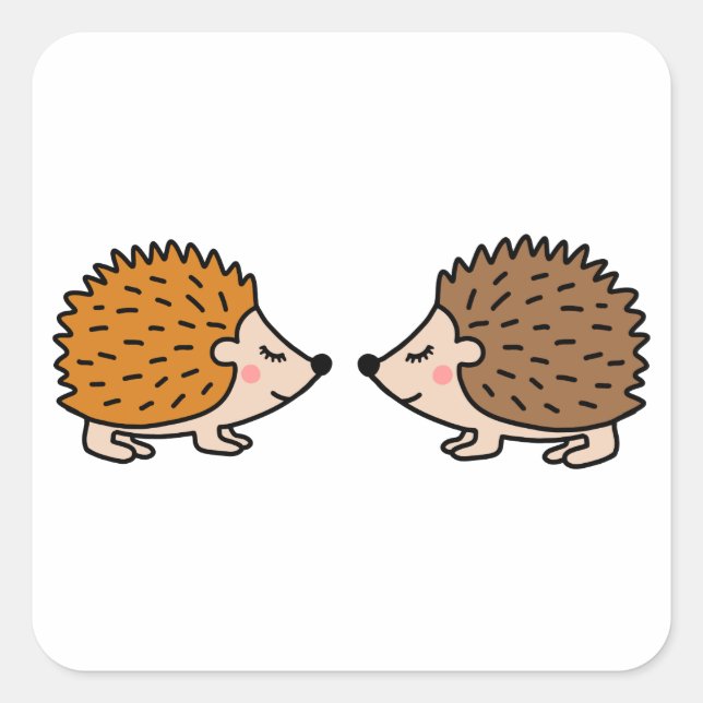 Cute little hand drawn hedgehogs in love square sticker (Front)