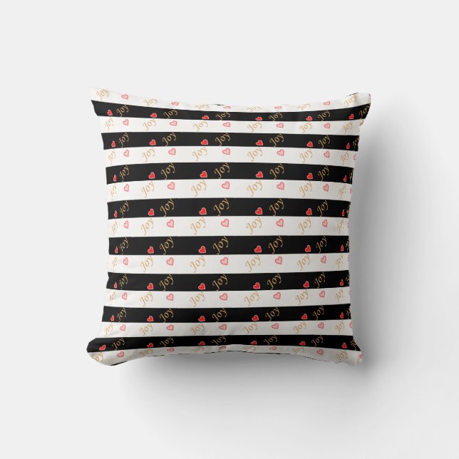 Cute little hearts, joy text on black and white throw pillow (Front)