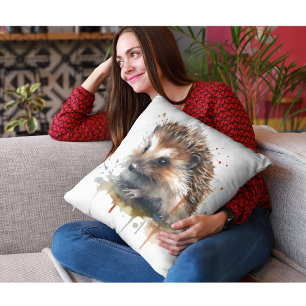 Cute little hedgehog in brown watercolor throw pillow