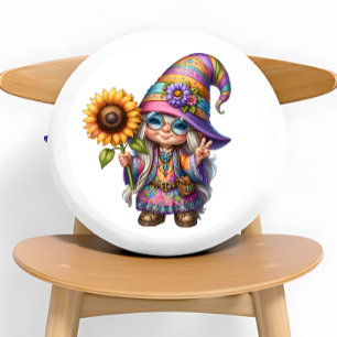 Cute Little Hippie Gnome With Sunflower Round Pillow