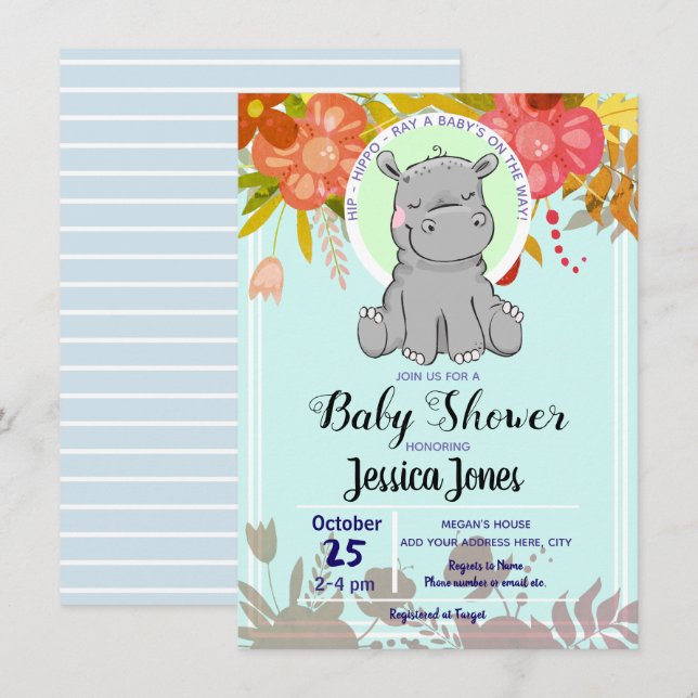 Cute Little Hippo Floral Baby Shower Invitations (Front/Back)