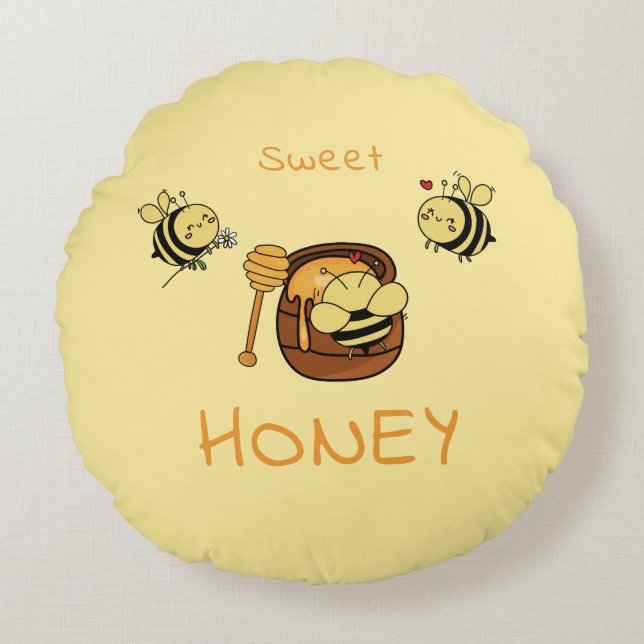 Cute Little Honeybee With Sweet Honey Round Pillow (Front)
