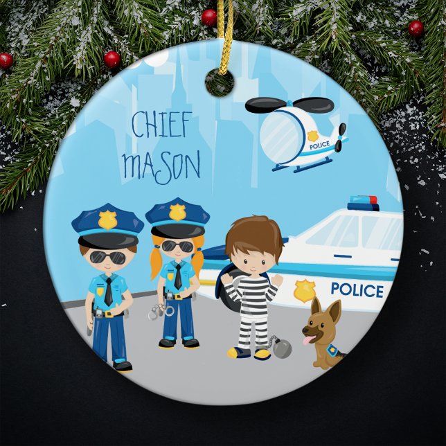 Cute Little Kid Cartoon Policeman Name Christmas Ceramic Ornament (Creator Uploaded)