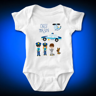 Cute Little Kid Cartoon Policeman with First Name Baby Bodysuit