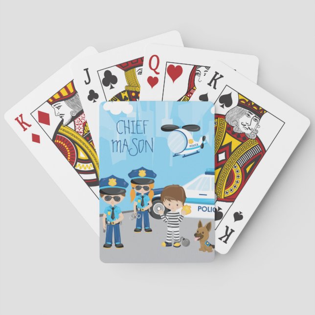Cute Little Kid Cartoon Policeman with First Name Playing Cards (Back)