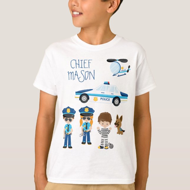 Cute Little Kid Cartoon Policeman with First Name T-Shirt (Front)