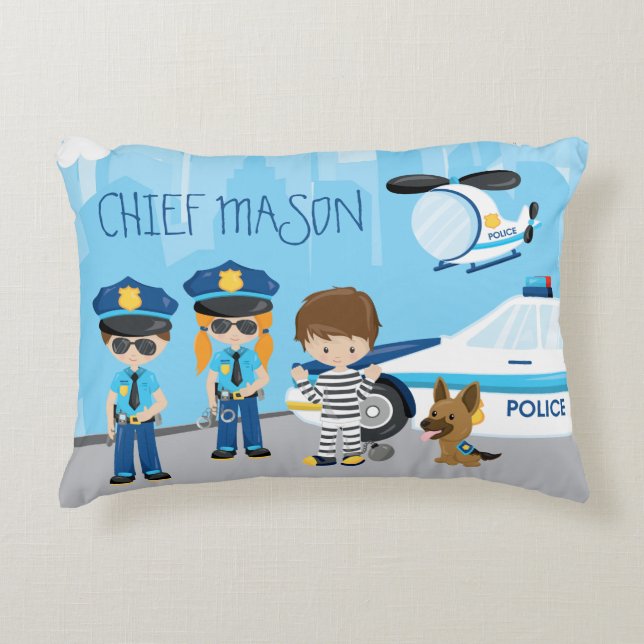 Cute Little Kids Cartoon Policeman with First Name Accent Pillow (Front)