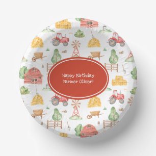 Cute Little Kids Farmer Pattern Happy Birthday Paper Plate