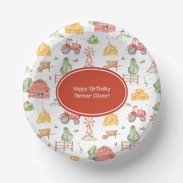 Cute Little Kids Farmer Pattern Happy Birthday Paper Plate (Front)