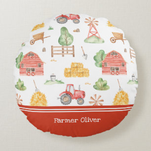 Cute Little Kids Farmer Pattern with First Name Round Pillow