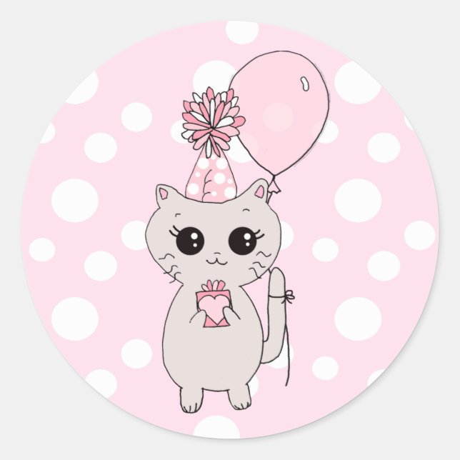Cute Little Kitten holding Birthday Gift Balloon Classic Round Sticker (Front)
