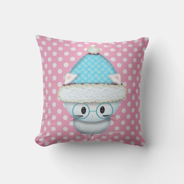 Cute Little Kitten in Winter Hat Polka Dot Throw Pillow (Front)