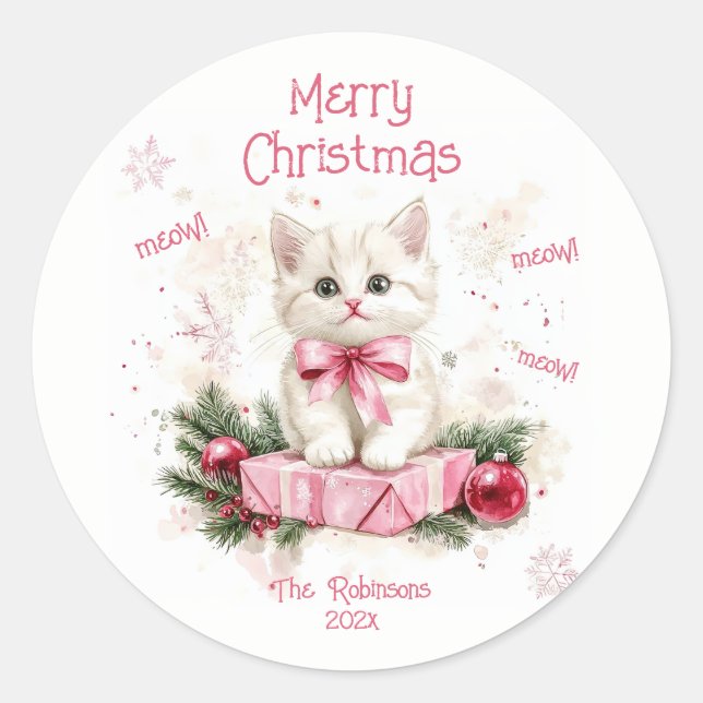 Cute Little Kitten Pink Christmas Classic Round Sticker (Front)