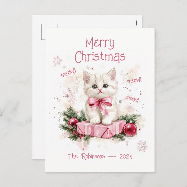 Cute Little Kitten Pink Christmas Postcard (Front/Back)