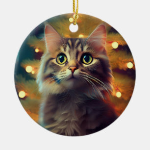 Cute Little Kitten Playing With Christmas Bulb Ceramic Ornament