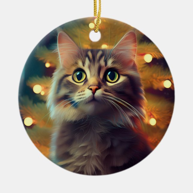 Cute Little Kitten Playing With Christmas Bulb Ceramic Ornament (Front)